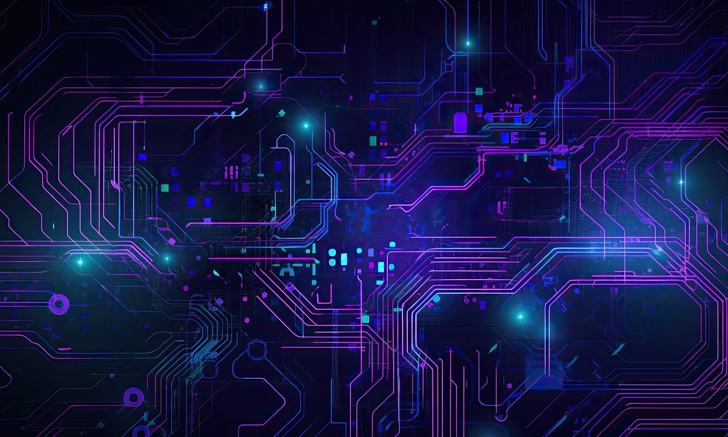 Digital representation of complex circuitry in neon blue, purple, and teal